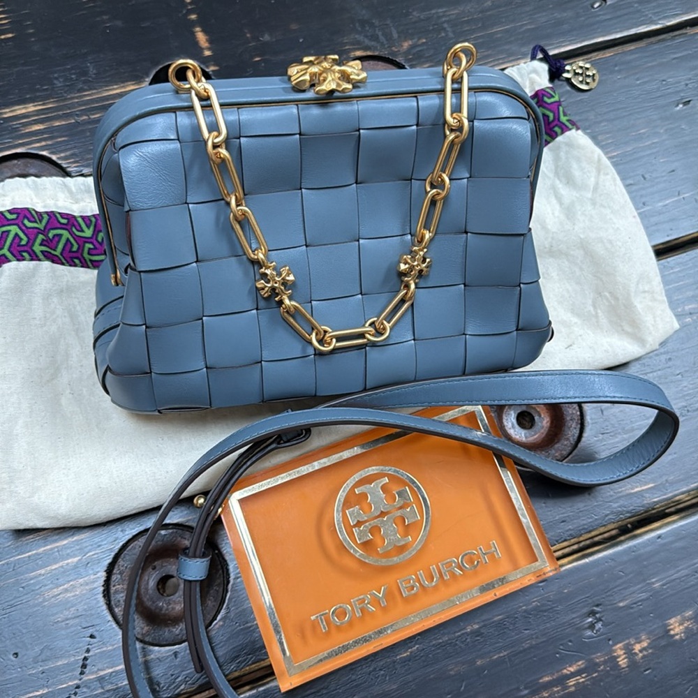 TORY BURCH Cleo Small Woven Leather Bag In Brunnera *Rare*